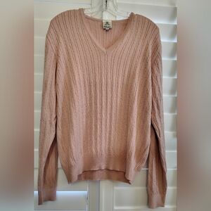 NEW Simply Smart Cotton Bubblegum Pink V-Neck Cable Knit Sweater Women's Size L.